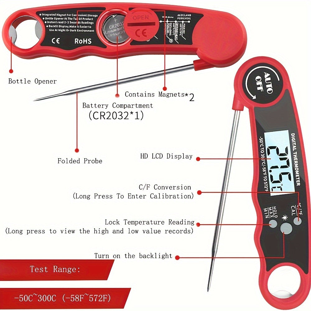 1pc Digital Instant Read Meat Thermometer With 4.6-Inch Folding Probe Backlight & Calibration Function For Cooking, Thermometer Digital Thermometer Meat Kitchen Cooking Tools