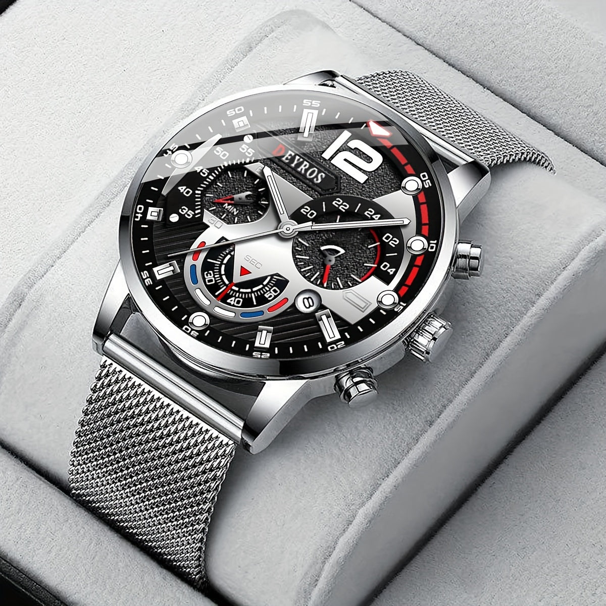 DEYROS Mens Elegant Quartz Watch – Sleek Mesh Strap, Date Display, for Business & Casual Wear