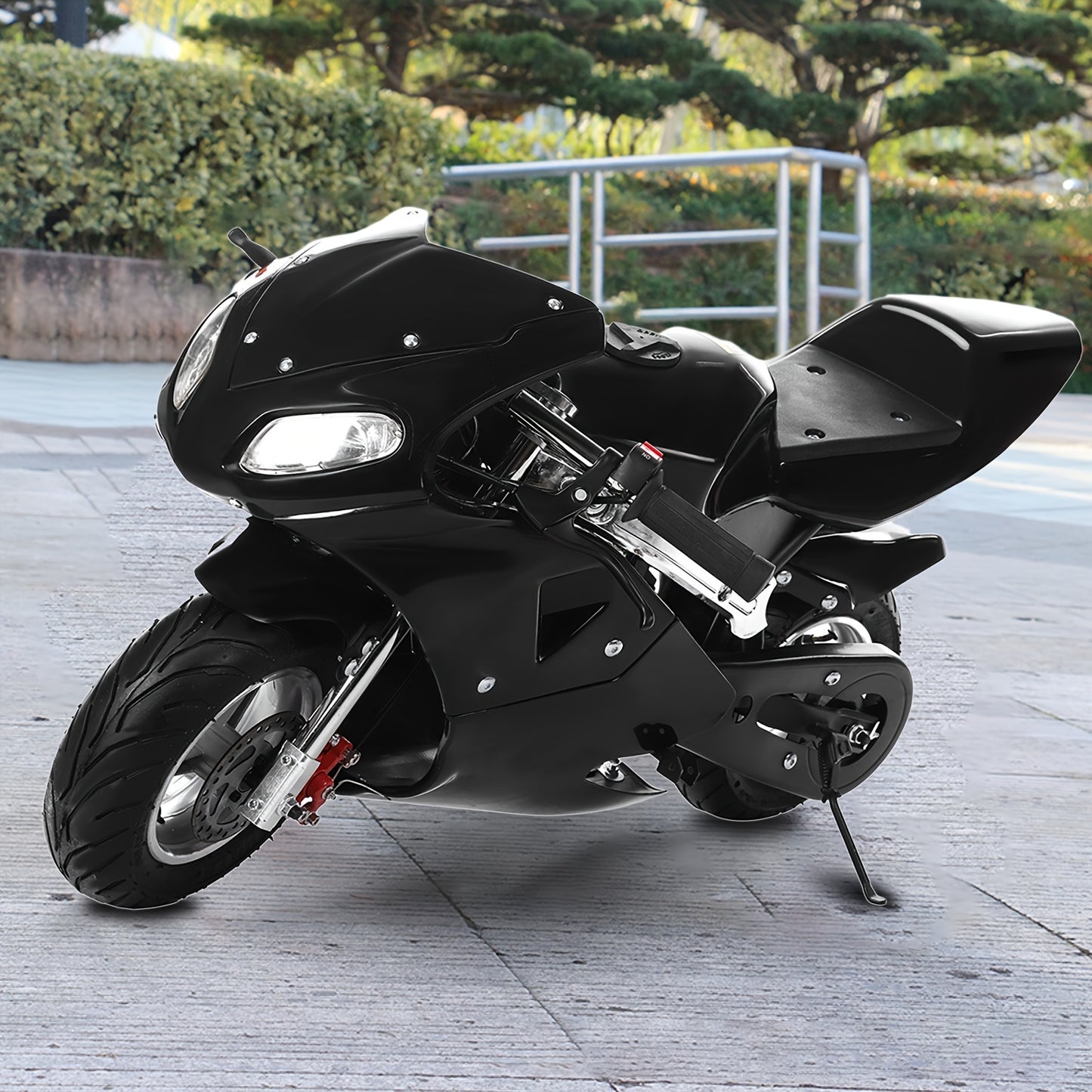 A 41.33* 23.62-inch 49cc mini two-stroke black scooter Mini Scooter, Mini Scooter, high brightness double headlights rubber handlebars black mini scooter powerful power 2 strokes