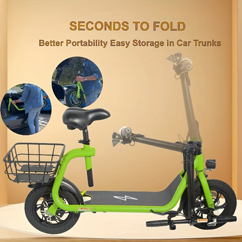 Electric Scooter for Adults - Foldable Scooter with Seat & Carry Basket - 450W Brushless Motor 36V - 15MPH 265lbs Max Load E Mopeds for Adults - Neon