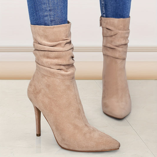 Ultrahigh Heel Stiletto Pointed Toe Slouchy Boots for Women - Zipper Closure, Soft Fabric Inner, PU Faux Leather Insole, Rubber Sole, Perfect for Dress Occasions - Solid Color, Flannel Upper, Comfortable and Stylish