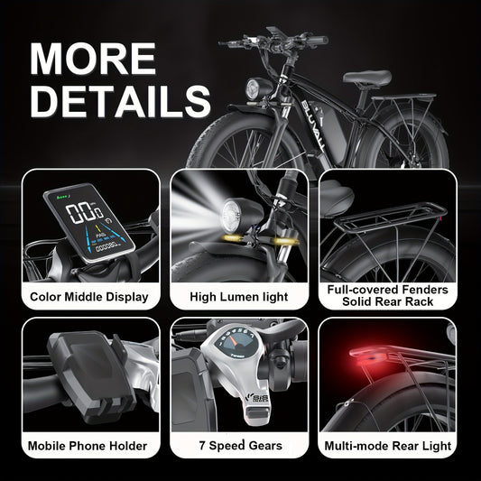 700W Electric Bike For Adults, 20mph Electric Mountain Bike With 48V 16Ah Removable Larger Battery, Single Motor Electric Bicycle For Adults, 26''x 4.0 Fat Tire E Bike 7-Speed, Hydraulic Brakes, Electric Mountain Bike, Electr