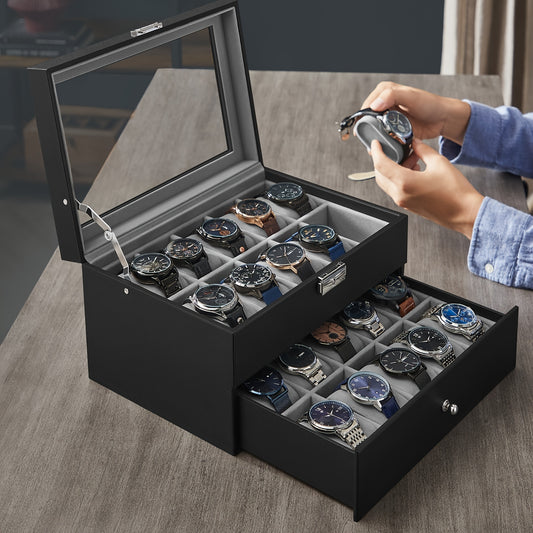 SONGMICS 20-Slot Watch Box, Watch Case With Glass Lid, 2 Layers, Lockable Watch Display Case, Black Synthetic Leather, Gray Lining, The Best Christmas Gifts For Men, Women, Father, Mother And Friends