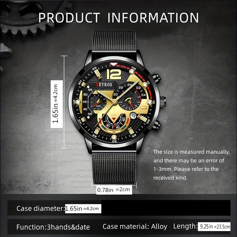 DEYROS Mens Elegant Quartz Watch – Sleek Mesh Strap, Date Display, for Business & Casual Wear