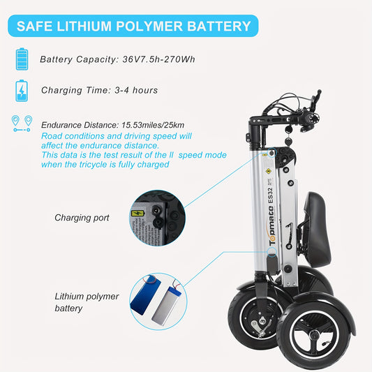 TopMate ES32 Electric Scooter 3 Wheels Foldable Trike with Seat for Adults, Light Weight Mobility with Reverse Function and Key Switch, 10 Inch Pneumatic Tires Tricycle for Commute and Travel