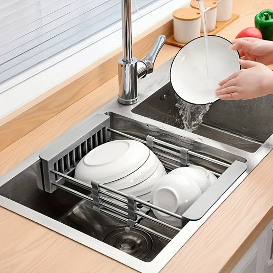 1pc, Sink Colander, Vegetable Sink Washing Basket, Fruit Drain Basket Rack, Stainless Steel Drain Basket, Strainer Basket, Adjustable Sink Rack, Multifunctional Colander, Kitchen Stuff, Kitchen Gadgets, Kitchen Accessories
