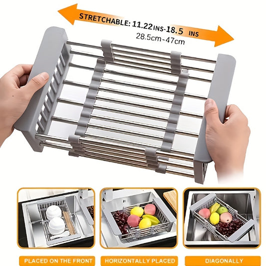 1pc, Sink Colander, Vegetable Sink Washing Basket, Fruit Drain Basket Rack, Stainless Steel Drain Basket, Strainer Basket, Adjustable Sink Rack, Multifunctional Colander, Kitchen Stuff, Kitchen Gadgets, Kitchen Accessories