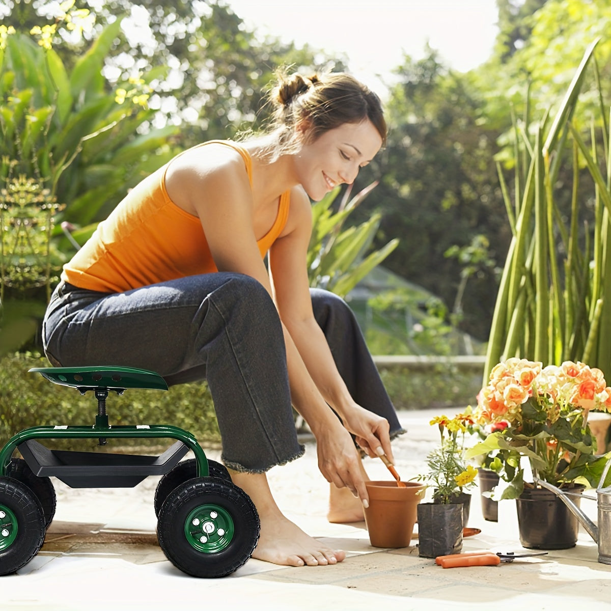 1pc Goplus Garden Cart Gardening Workseat W/Wheels, Patio Wagon Scooter For Planting, Work Seat With Tool Tray And Basket