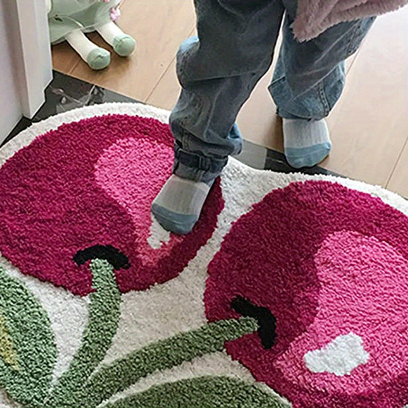 1pc Cute Cherry Bath Mat, Absorbent Microfiber Bathroom Rugs, Fluffy Non-Slip Fruit Shaped Doormat, Bathtub Carpet For Bathroom Kitchen Entryway, Home Decor