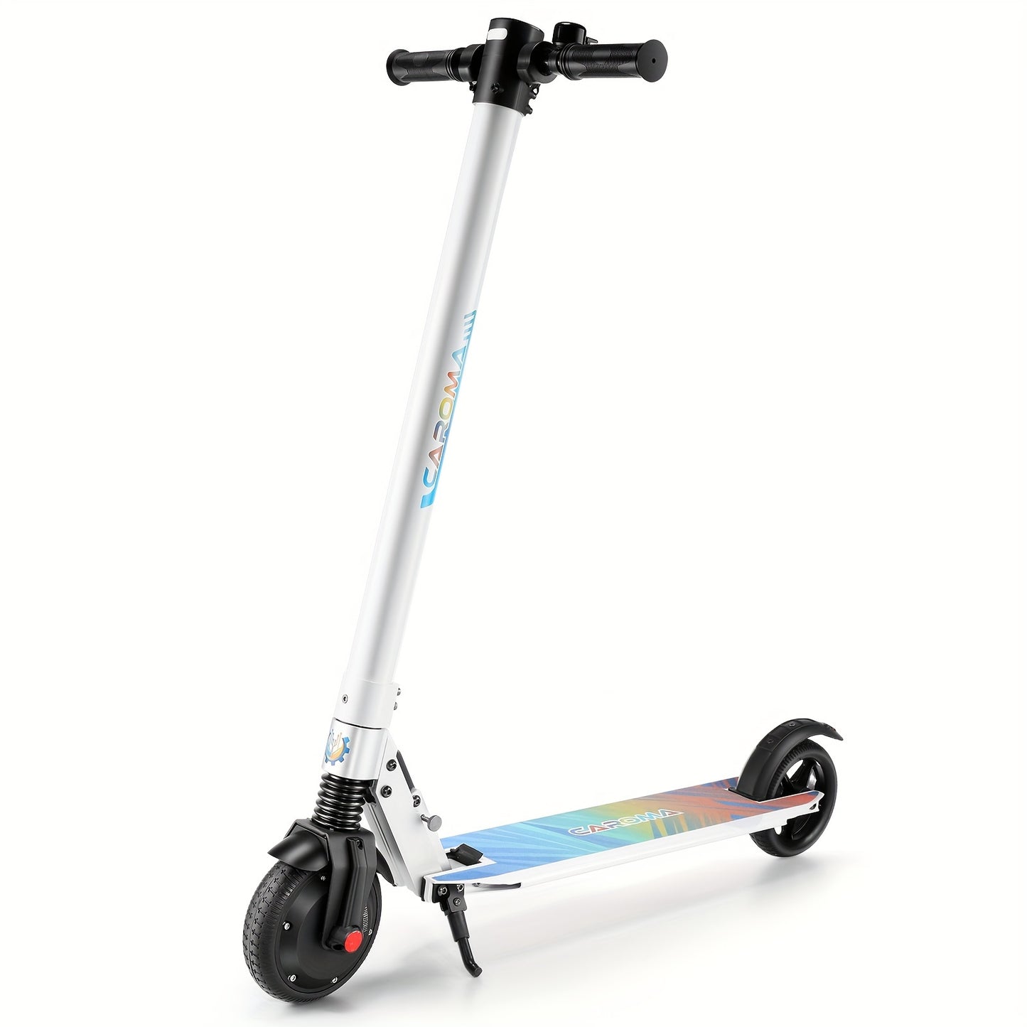 250W CAROMA Foldable Electric Scooter for Adults - 15.5 MPH Top Speed, 15.5 Mi Range, 220 Lbs Max Load, Safe Electronic Brake System, Portable & Durable Aluminum Alloy, Black with Colorful Accents - Ideal for Commuting