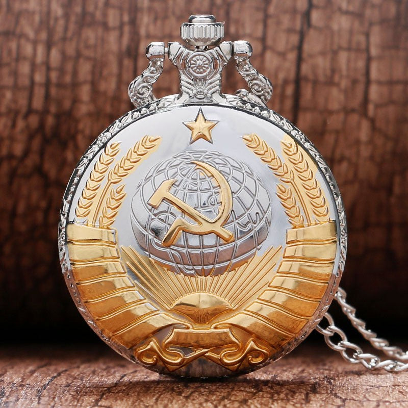 Vintage-Style Round-Shaped Stainless Steel Pocket Watch with Hammer Sickle Emblem - Electronic Quartz Movement, Pointer Display, Retro Design - Unique Collectible Accessory