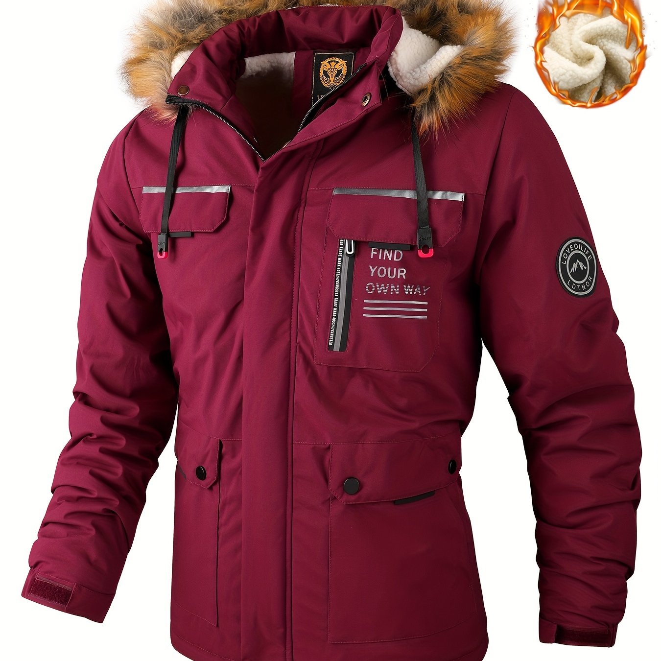 New Fall/Winter, Men's Flap Pocket Padded Jacket, With Faux Fur Hoodie Coat