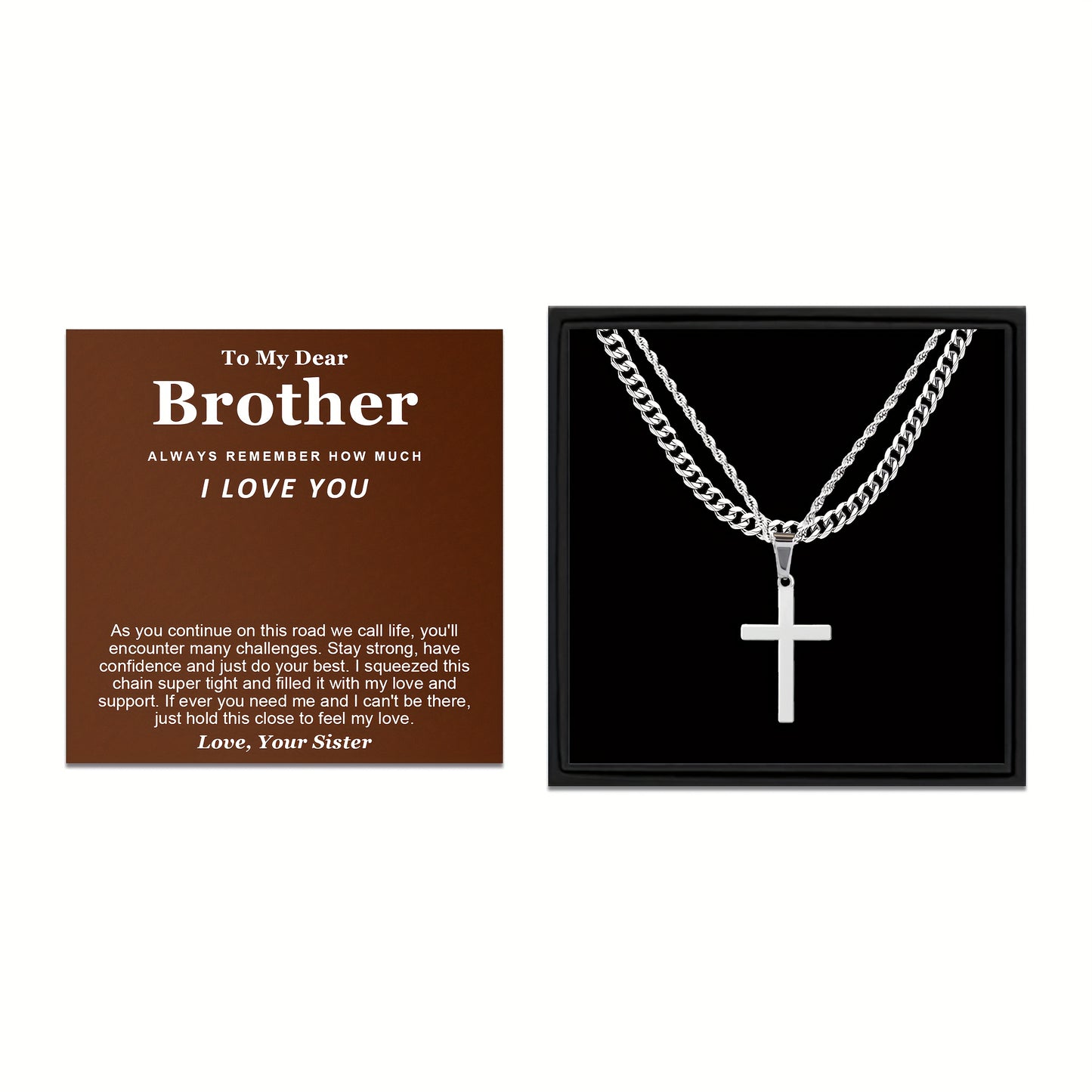 3pcs To My Brother Handmade Rope Cross Pendant Cuba Necklace Father's Day Gift For Him Gift Box Hip Hop Titanium Steel Gift for Him Man Father Best Dad Women Mother's Day Jewelry Waterproof Fashion Trendy Simple Jewelry birth