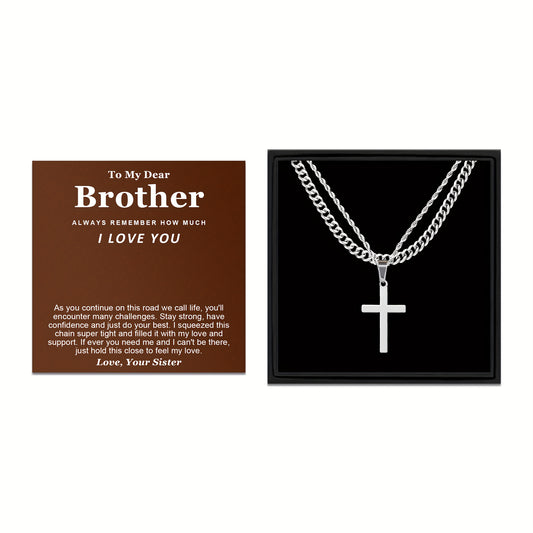 3pcs To My Brother Handmade Rope Cross Pendant Cuba Necklace Father's Day Gift For Him Gift Box Hip Hop Titanium Steel Gift for Him Man Father Best Dad Women Mother's Day Jewelry Waterproof Fashion Trendy Simple Jewelry birth