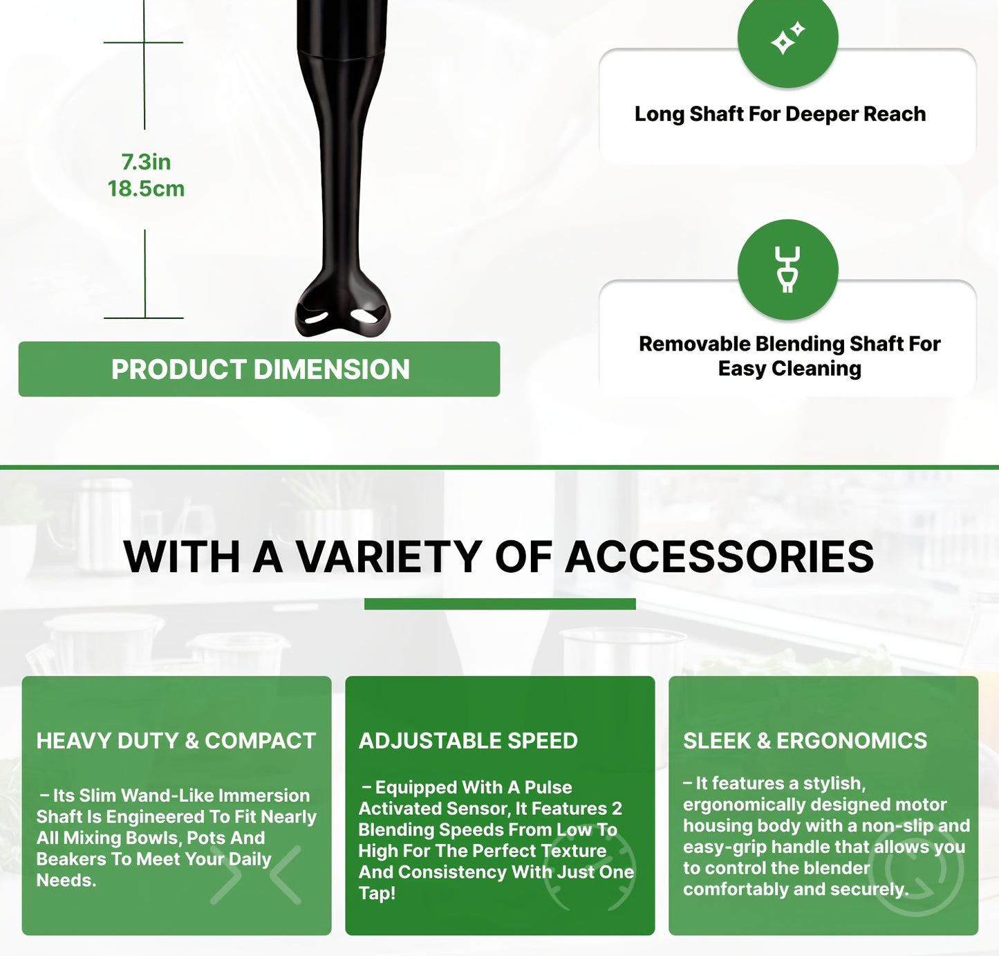 Electric Immersion Hand Blender(Black), Mixer, Chopper, Powerful 180 Watt Ice Crushing 2-Speed Control One Hand Mixer, Removable Blending Stick For Easy Cleaning For Purees, Smoothies, Shakes, Ivory, Soups, Sauces, Baby Food,