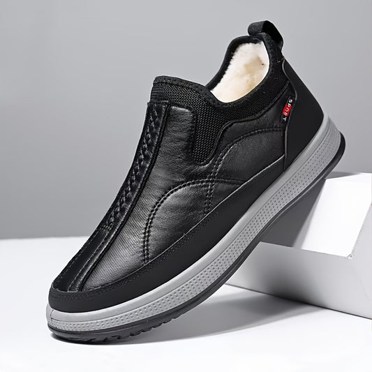 1 Pair Winter Warmth Men'S Shoes with Fleece Lining, Solid Color Slip-On Wool-Lined Dad Shoes, Casual Outdoor Footwear for Middle-Aged and Elderly, Round Toe PVC Sole, Microfiber Synthetic Upper, Fabric Inner & Insole