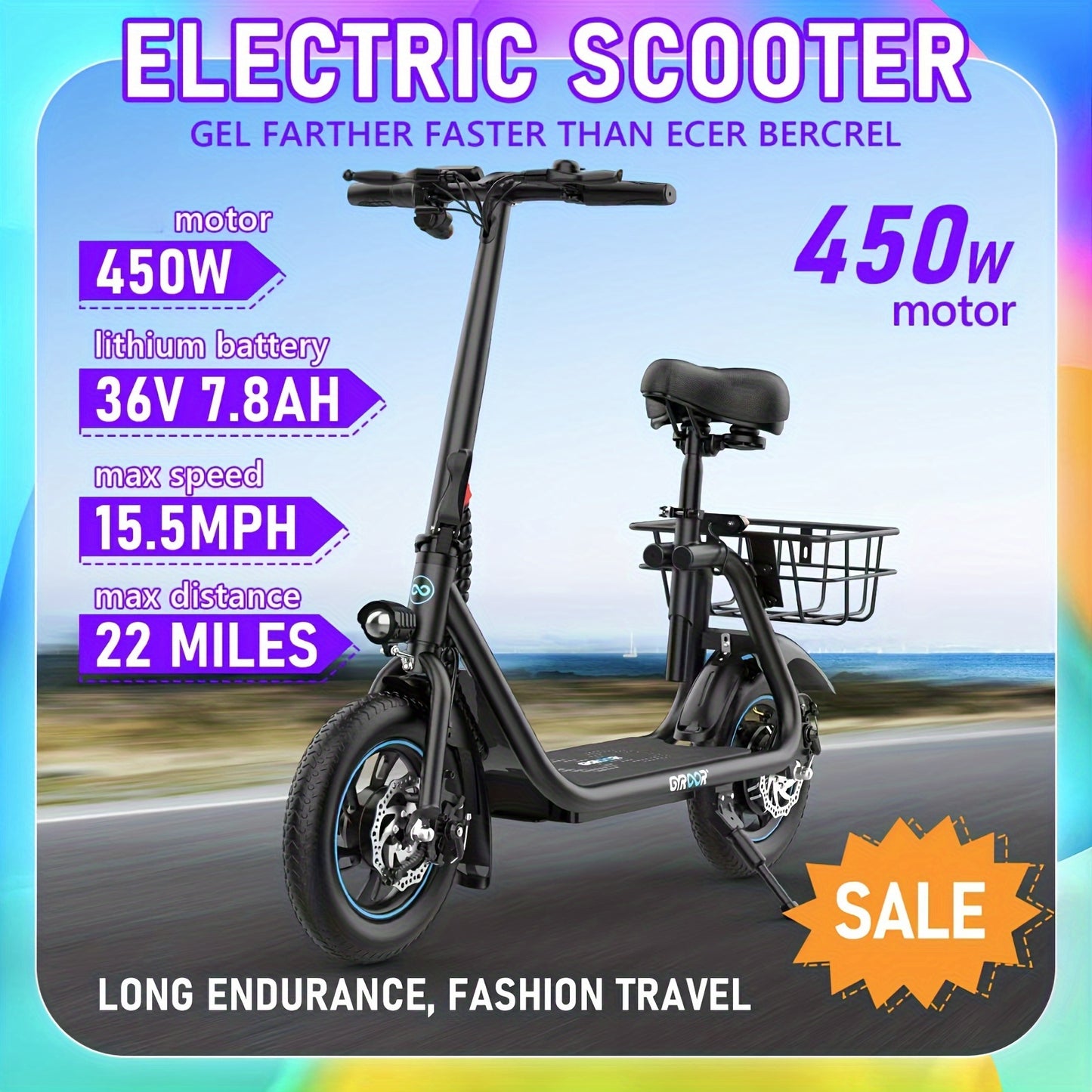 450W Electric Scooter with Seat for Adult, 12 inch Commuter Electric Scooter with Basket - up to 21 Miles 15.5MPH