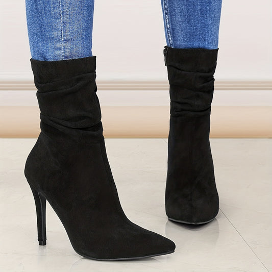 Ultrahigh Heel Stiletto Pointed Toe Slouchy Boots for Women - Zipper Closure, Soft Fabric Inner, PU Faux Leather Insole, Rubber Sole, Perfect for Dress Occasions - Solid Color, Flannel Upper, Comfortable and Stylish