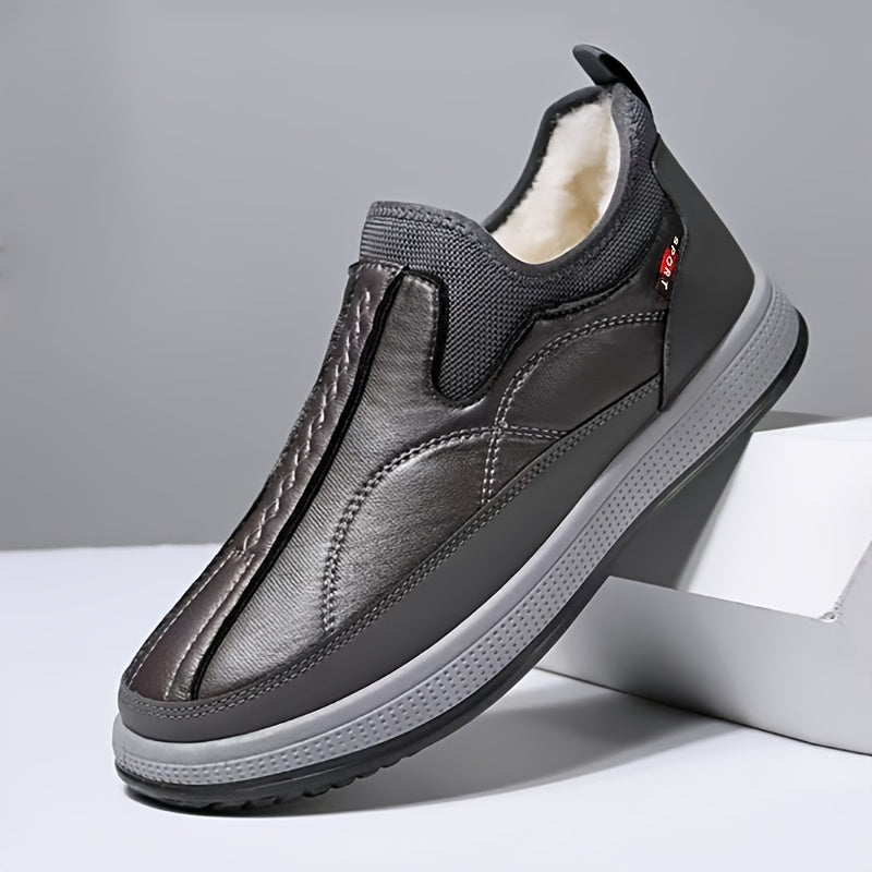 1 Pair Winter Warmth Men'S Shoes with Fleece Lining, Solid Color Slip-On Wool-Lined Dad Shoes, Casual Outdoor Footwear for Middle-Aged and Elderly, Round Toe PVC Sole, Microfiber Synthetic Upper, Fabric Inner & Insole