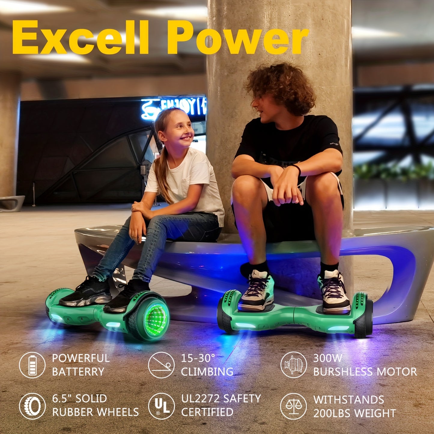 SISIGAD 6.5'' Hoverboard, Wireless Hover board with Clolorful LED Lights, Self Balancing Electric Scooter for Adults, Green & Tunnel 4 Color Light-emitting Motor