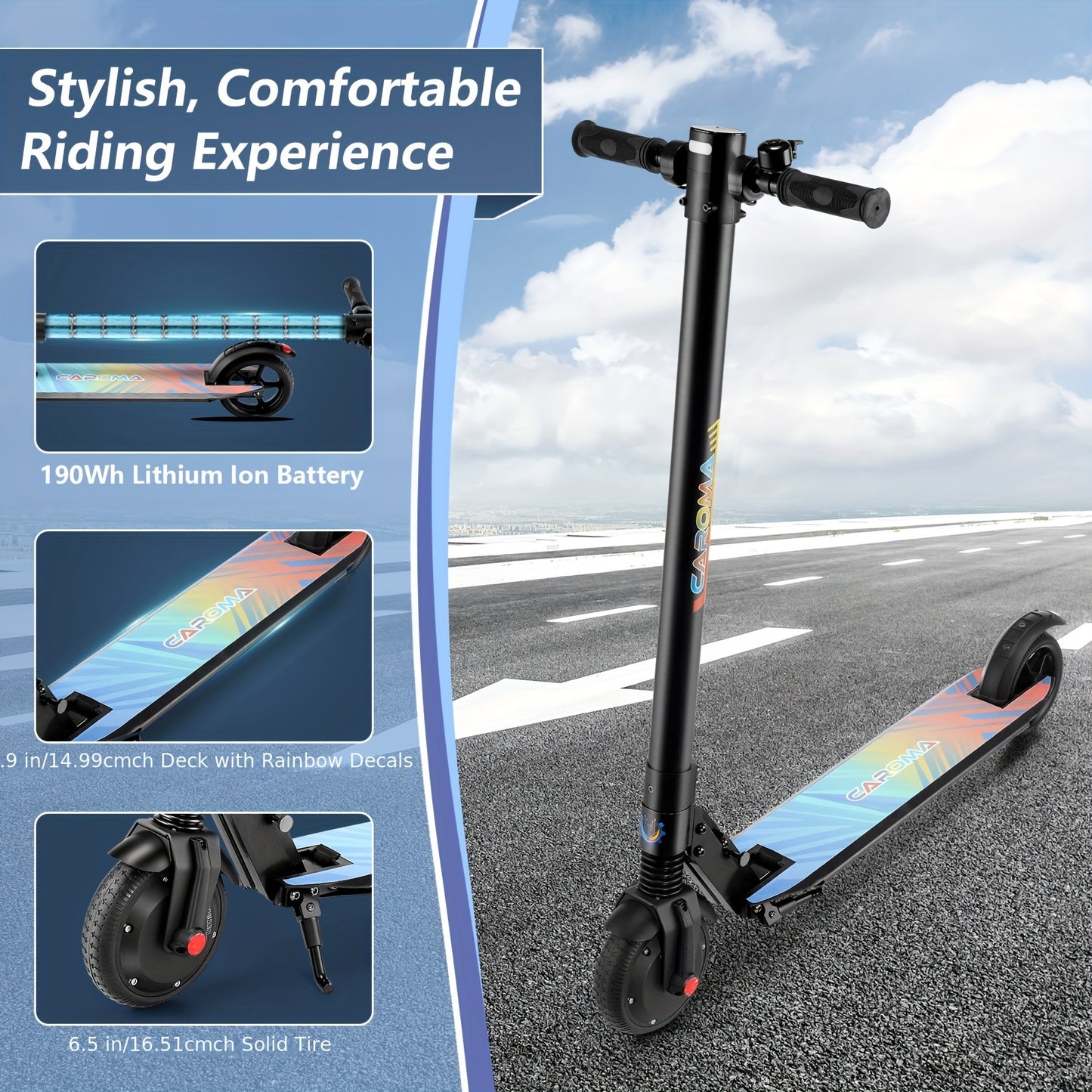CAROMA 250W Portable Folding Electric Scooter, Range Of 15.5 Miles, 15.5 Miles Per Hour, 6.5-inch Solid Tires, Adult Commuting Electric Scooter, Electronic Brake, Maximum Load Of 220 Pounds