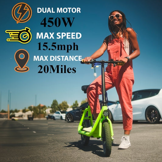 Electric Scooter for Adults - Foldable Scooter with Seat & Carry Basket - 450W Brushless Motor 36V - 15MPH 265lbs Max Load E Mopeds for Adults - Neon