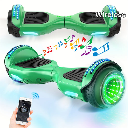 SISIGAD 6.5'' Hoverboard, Wireless Hover board with Clolorful LED Lights, Self Balancing Electric Scooter for Adults, Green & Tunnel 4 Color Light-emitting Motor