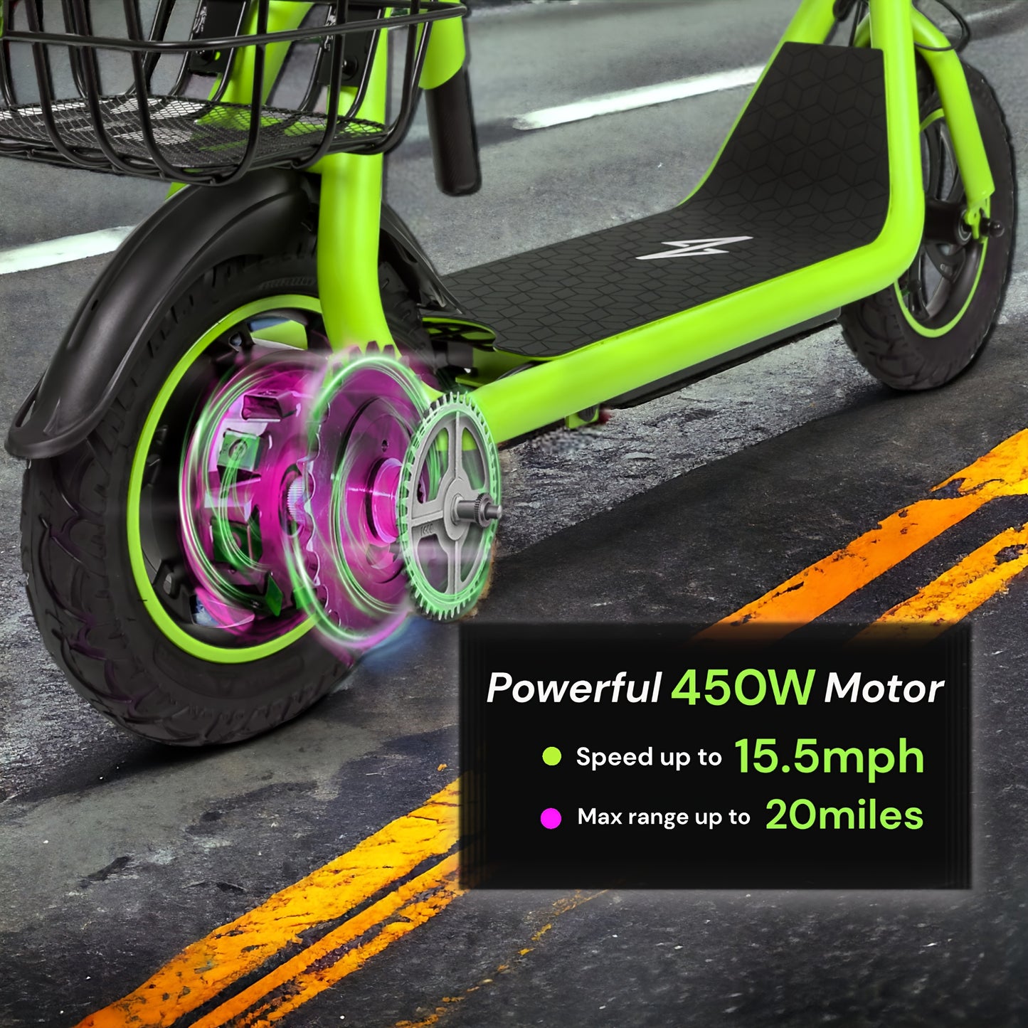 Electric Scooter for Adults - Foldable Scooter with Seat & Carry Basket - 450W Brushless Motor 36V - 15MPH 265lbs Max Load E Mopeds for Adults - Neon