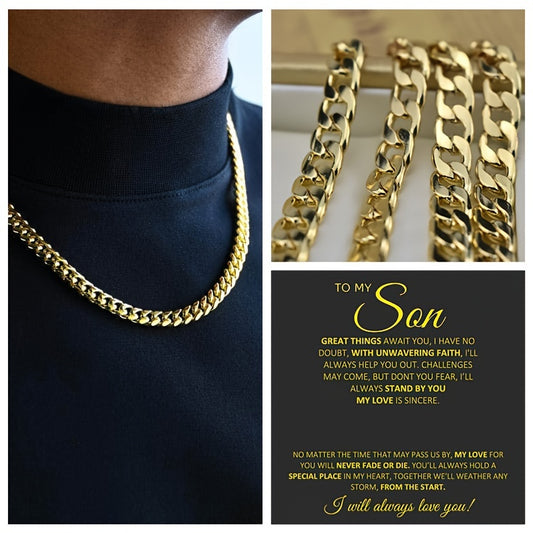 1pc To My Son New Golden Cuba Necklace Father's Day Gift For Him Gift Box Hip Hop Titanium Steel Gift for Him Man Father Best Dad Women Mother's Day Jewelry Waterproof Fashion Trendy Simple Jewelry birthday
