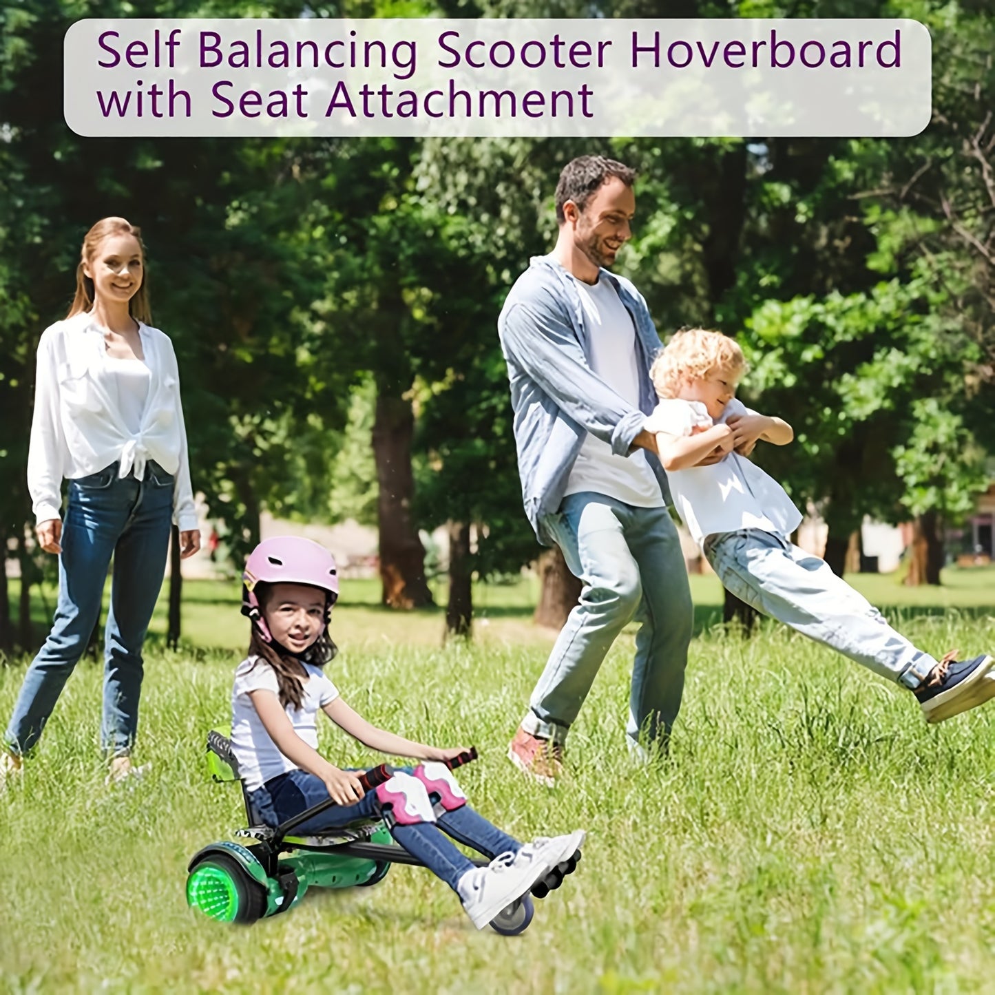 SISIGAD Hoverboard With Seat Attachment, 6.5 Inch Hoverboard Go Kart Combo, Self Balancing Electric Scooter With Wireless Speaker & LED Lights, Green + Graffiti