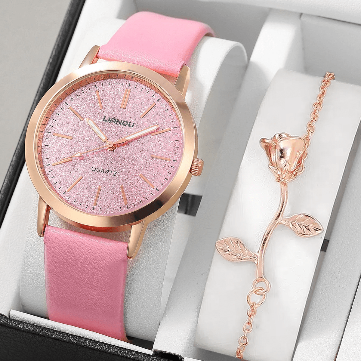 Woman's Quartz Watch Round Rhinestones Shockproof Wristwatch 1Pcs Watch & 1Pcs Bracelet Valentines Gift For Her Woman