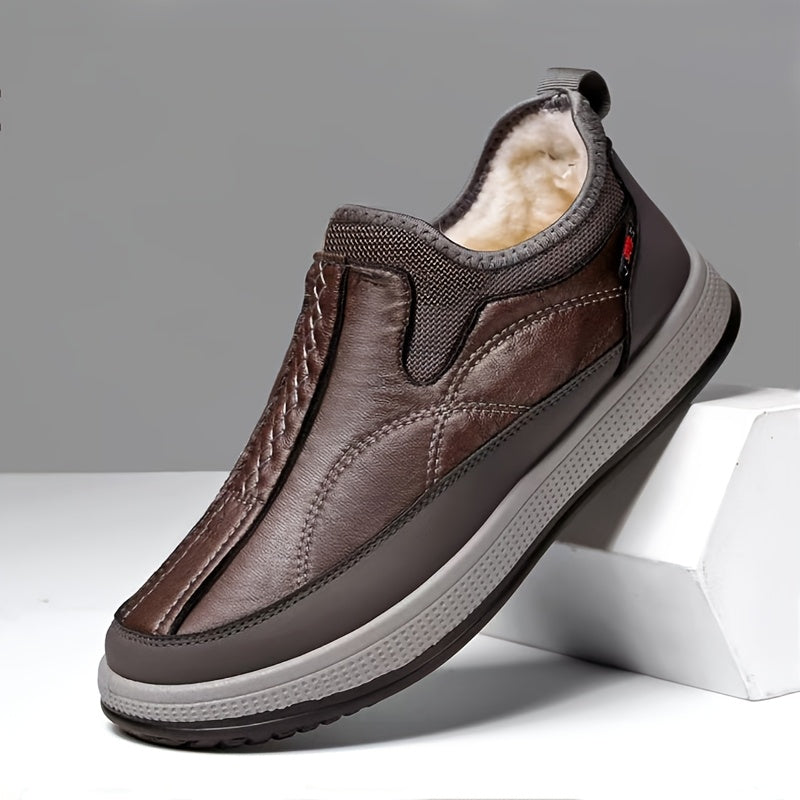 1 Pair Winter Warmth Men'S Shoes with Fleece Lining, Solid Color Slip-On Wool-Lined Dad Shoes, Casual Outdoor Footwear for Middle-Aged and Elderly, Round Toe PVC Sole, Microfiber Synthetic Upper, Fabric Inner & Insole