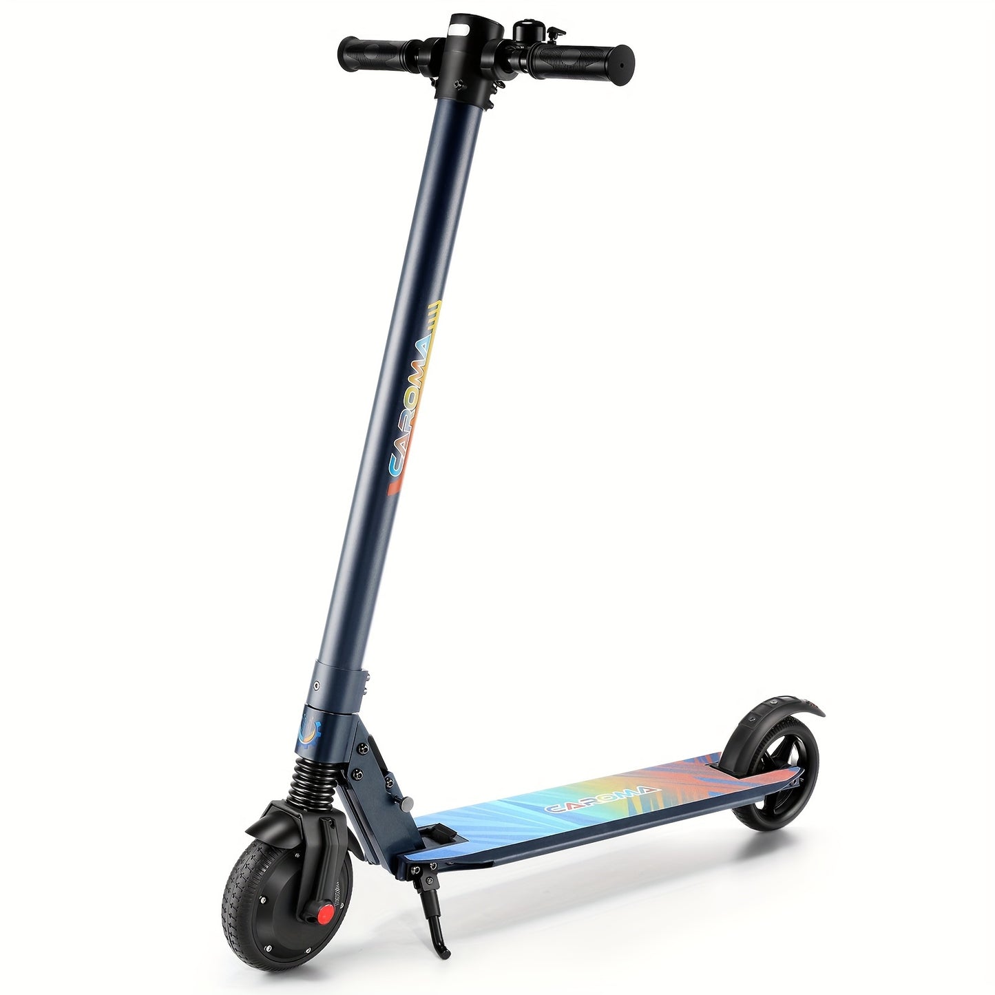 250W CAROMA Foldable Electric Scooter for Adults - 15.5 MPH Top Speed, 15.5 Mi Range, 220 Lbs Max Load, Safe Electronic Brake System, Portable & Durable Aluminum Alloy, Black with Colorful Accents - Ideal for Commuting