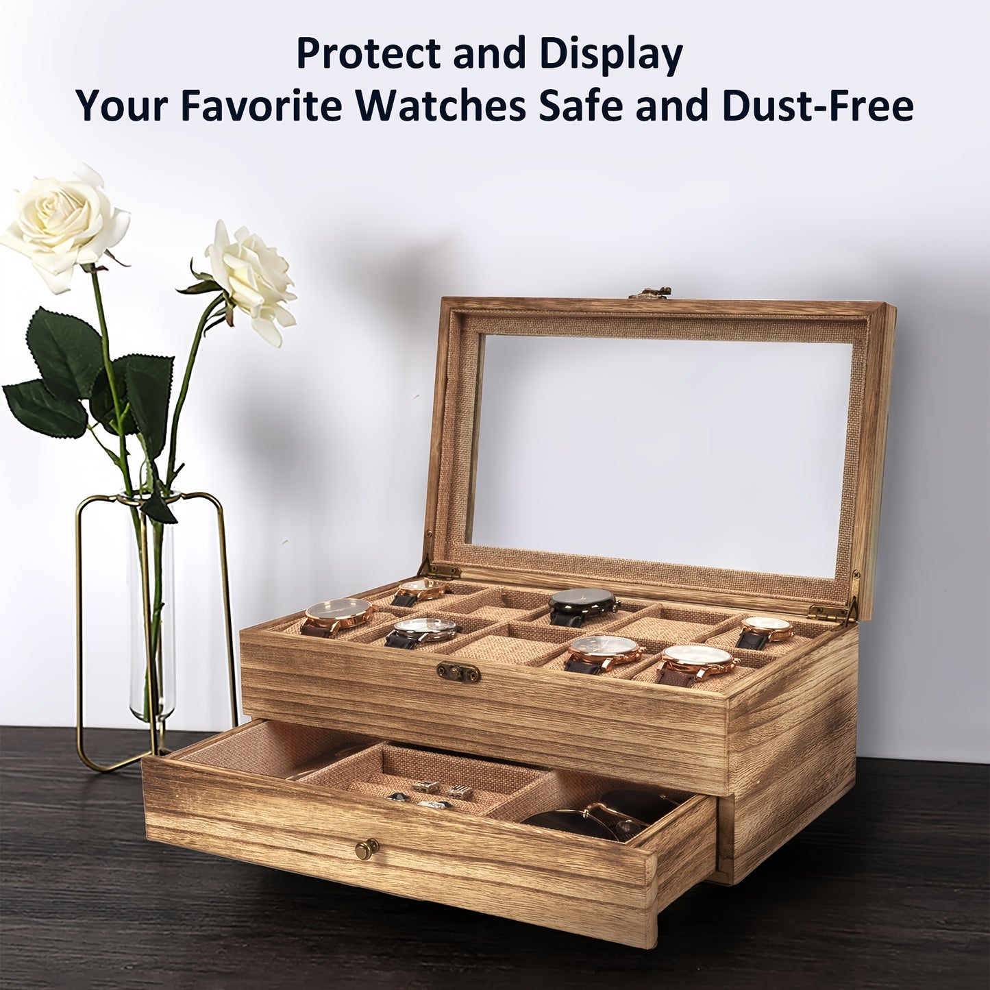 10-Slot Rustic Brown Wooden Watch Box - Large Capacity Watch Case for Men and Women, Display Organizer with Soft Velvet Interior, Perfect Gift for Boyfriend, Fathers Day, Birthday, and Anniversary