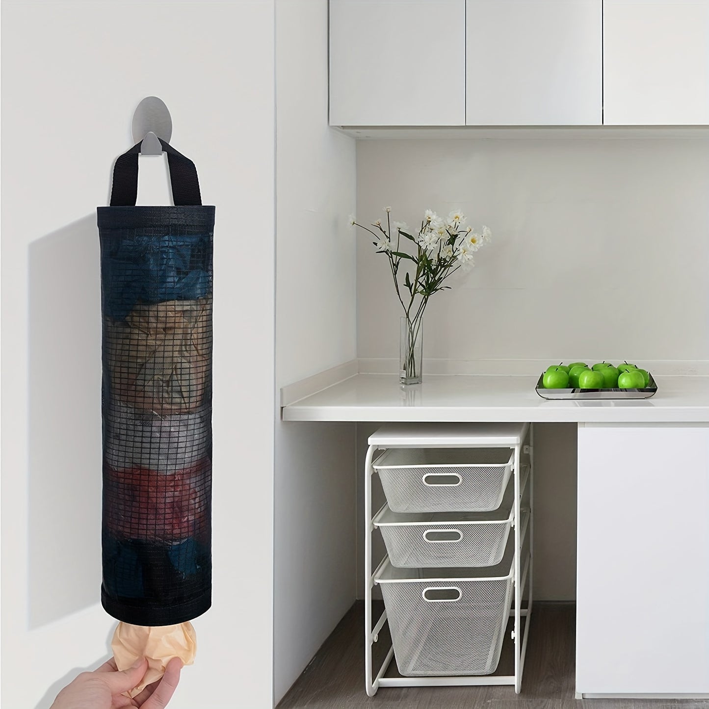 1pc Collapsible Plastic Bag Organizer - Convenient Grocery Bag Holder with Durable Mesh Storage, Foldable Garbage Bag Dispenser, Ventilated for Kitchen Freshness and Space-Saving Efficiency