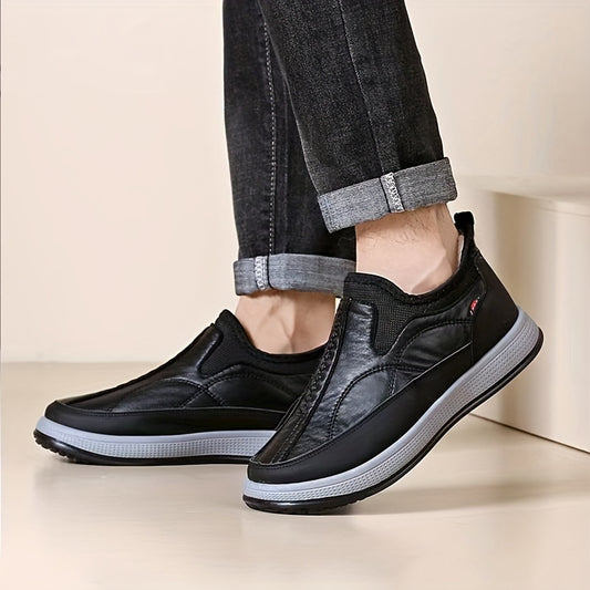 1 Pair Winter Warmth Men'S Shoes with Fleece Lining, Solid Color Slip-On Wool-Lined Dad Shoes, Casual Outdoor Footwear for Middle-Aged and Elderly, Round Toe PVC Sole, Microfiber Synthetic Upper, Fabric Inner & Insole