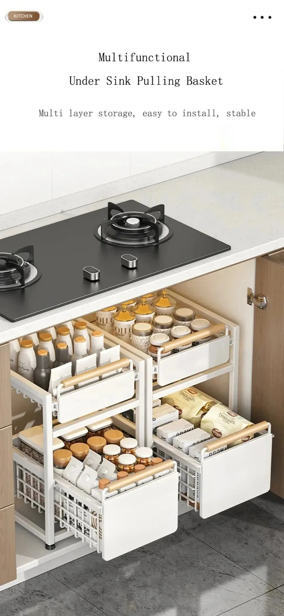 Kitchen Sink Storage Rack Sink Pull-Out Organizer Carbon Steel Bathroom Rack Layered Seasoning Storage Shelf Countertop Cabinet