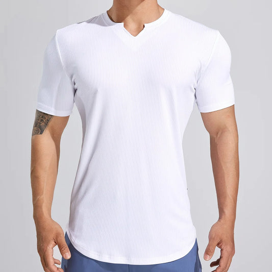 Sport Semi-tight Fitness Short Sleeve Men's Basketball Fall Running Training Solid Color Striped Stretch Sports T-shirt