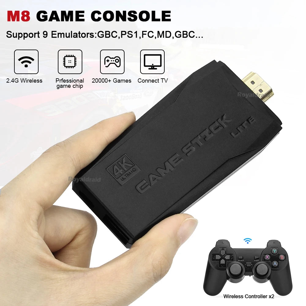 M8 4K Video Game Console 64G Built-in 20000 Games Retro Handheld Game Player 2 Wireless Controller Game Stick Children Xmas Gift