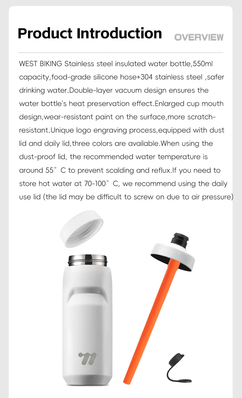 WEST BIKING Stainless Steel Insulated Sports Water Bottle 550ml Cycling Thermos Bottle Keep Cold&Hot Gym Portable Thermal Kettle