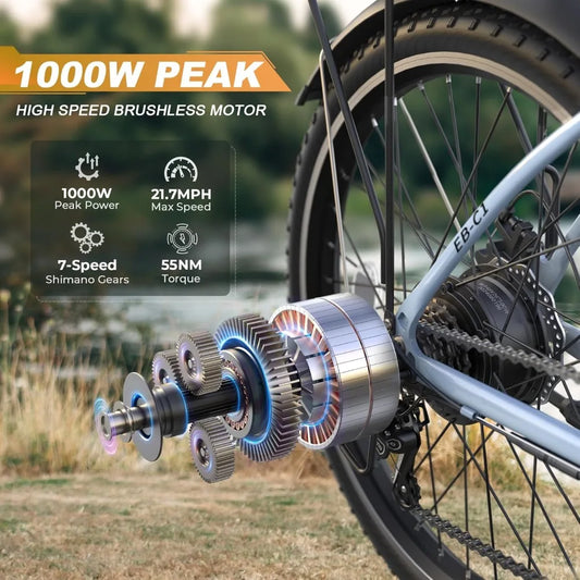 Electric Bike, 21.7MPH 50 Miles Commuter  with Removable Li-ion Battery, Adjustable Stem, Rear Rack, Fenders, 7-Speed
