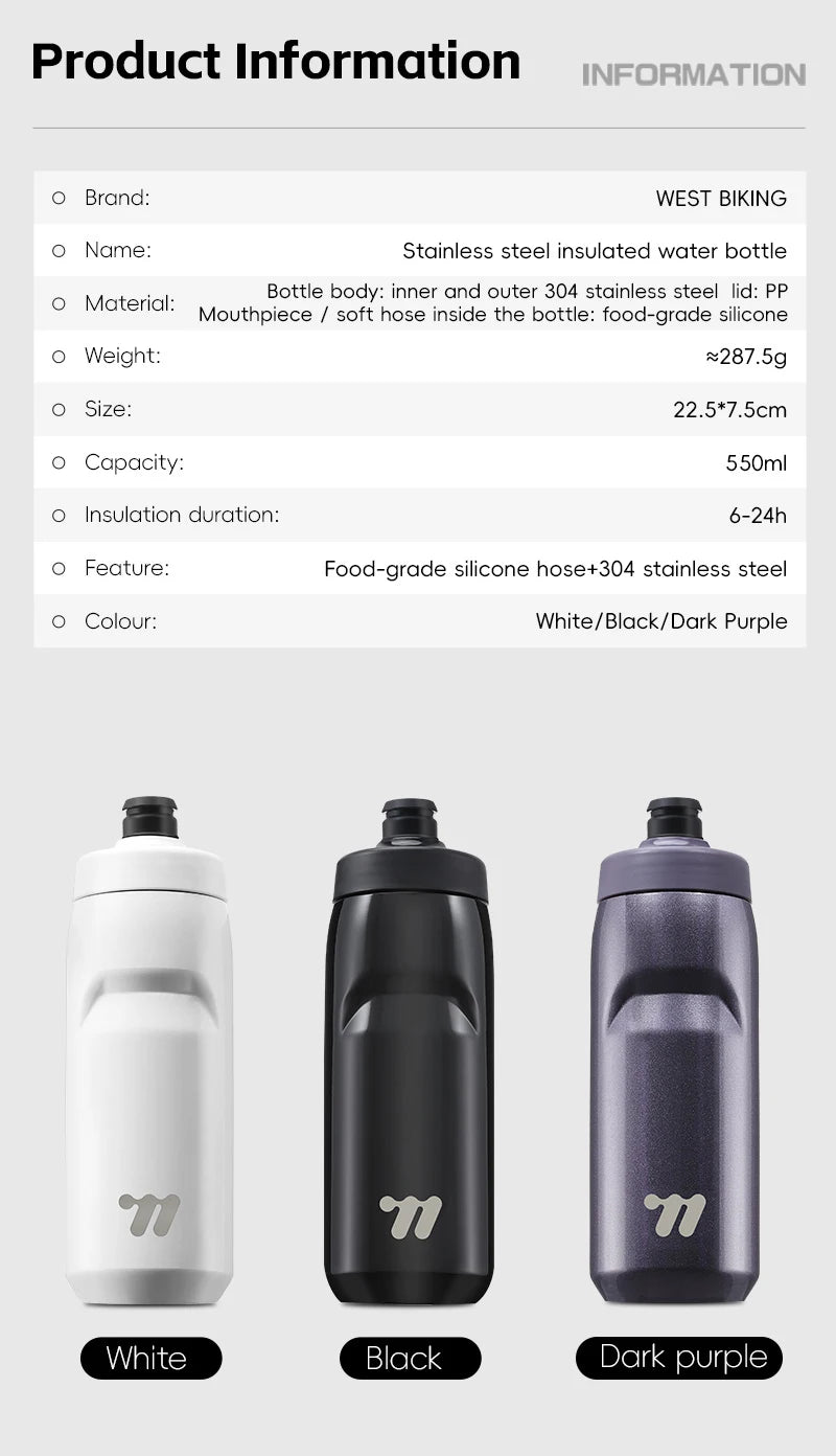 WEST BIKING Stainless Steel Insulated Sports Water Bottle 550ml Cycling Thermos Bottle Keep Cold&Hot Gym Portable Thermal Kettle