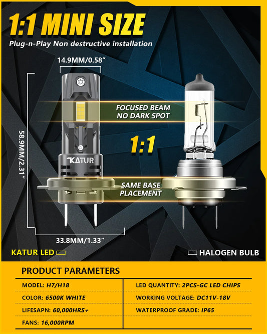 Katur 2x Canbus H7 LED Bulb 22000LM 120W Error Free 1:1 Mini Size Head Lamp Wireless Super Bright 6000K White H7 Headlight