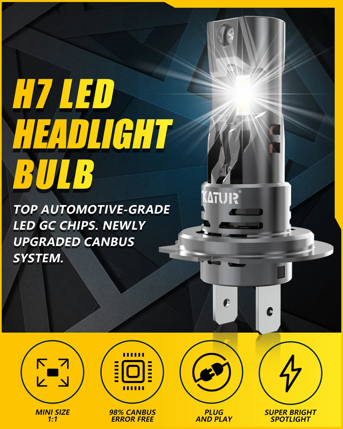 Katur 2x Canbus H7 LED Bulb 22000LM 120W Error Free 1:1 Mini Size Head Lamp Wireless Super Bright 6000K White H7 Headlight