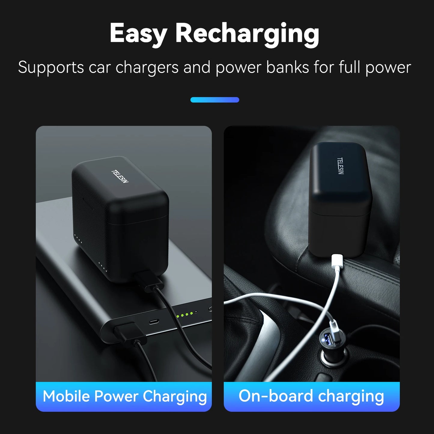 TELESIN Portable Battery Charger For Insta360 X3 X4 Battery 2 Slots TF Card Battery Storage Charger Box For Insta 360 X3 X4