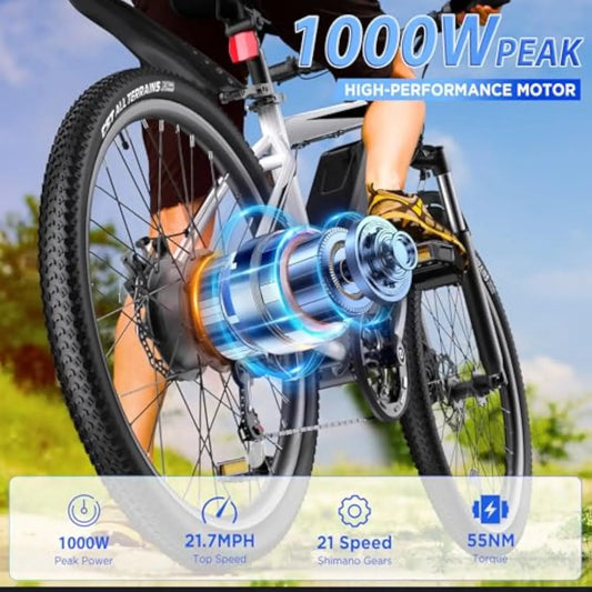Electric Bike for Adults, 26'' 1000W Peak Ebike, Up to 50 Miles 21.7MPH Electric Mountain Bike with 48V 374.4WH Removable Batte