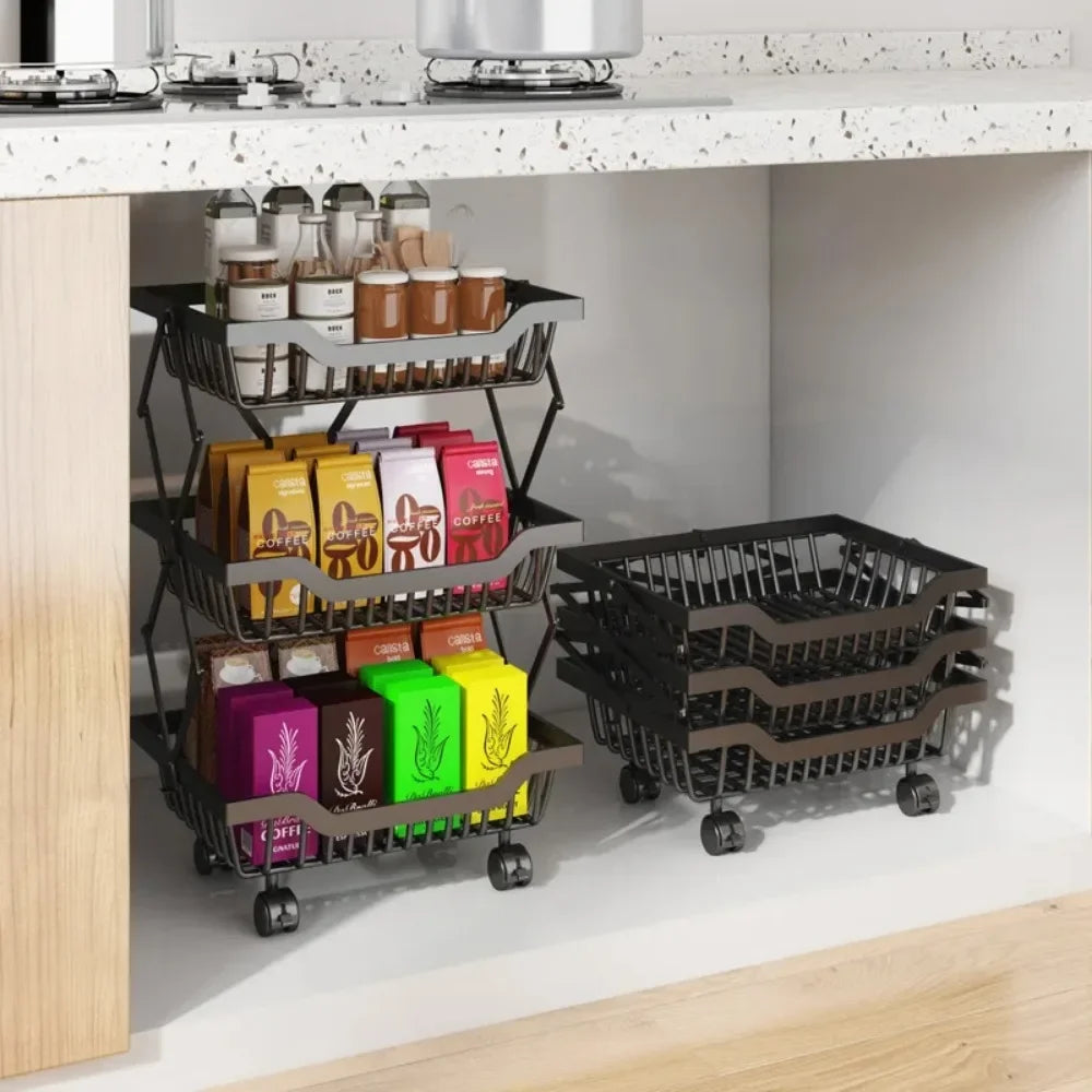 Kitchen Fruit Basket Crevice Vegetable Storage Carts Movable Floor-Mounted Shelf Folding Rack Multi-Layer Stackable Trolley Cart
