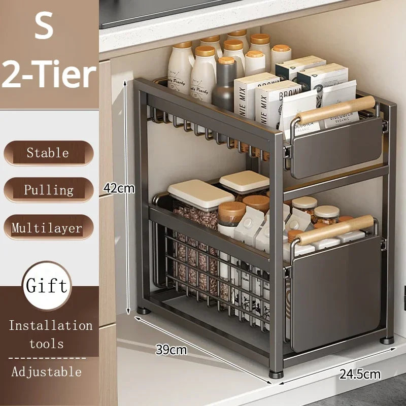 Kitchen Sink Storage Rack Sink Pull-Out Organizer Carbon Steel Bathroom Rack Layered Seasoning Storage Shelf Countertop Cabinet