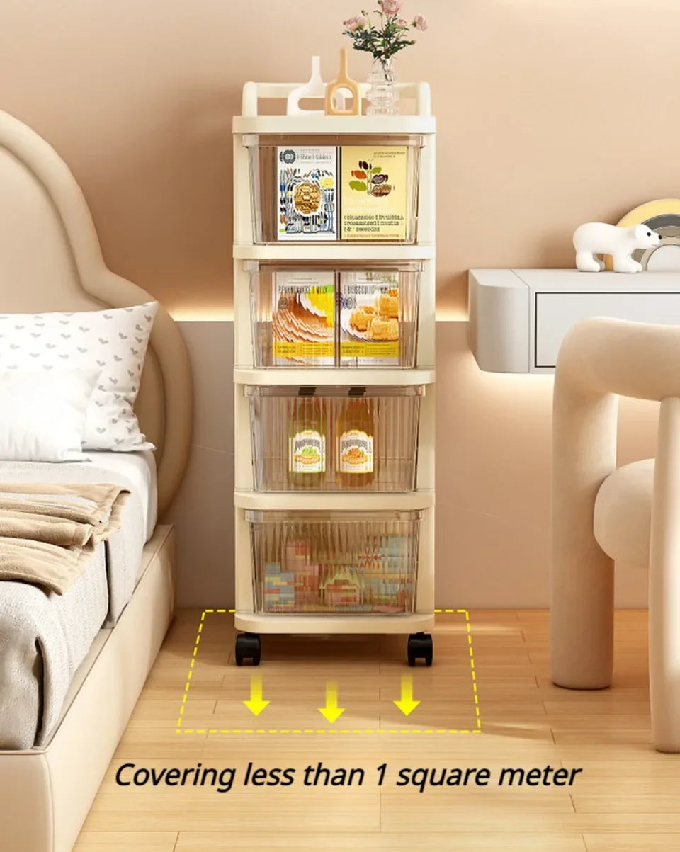 Kitchen Storage Cabinet Rack Transparent Multi-layer Small Cart Drawer Style Mobile Living Room Snack Sundries Shelf with Handle