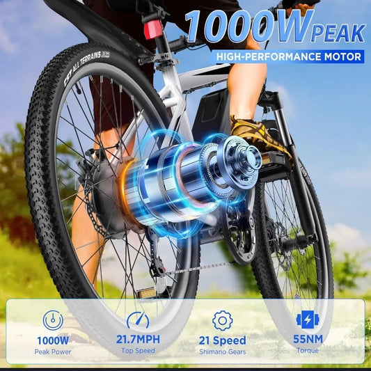 Electric Bike for Adults, 26'' 1000W Peak Ebike, Adjustable Stem, Fenders, Lockable Suspension Fork, 21-Speed